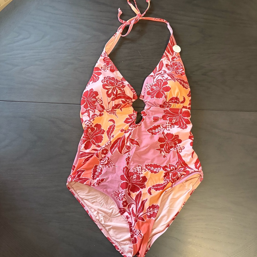 Pink Floral Halter One-Piece Swimsuit
